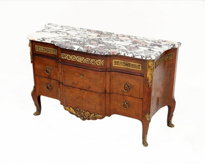 French Marble Top Marquetry Inlaid Commode