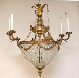 French bronze crystal beaded 4 light chandelier, 30"h x