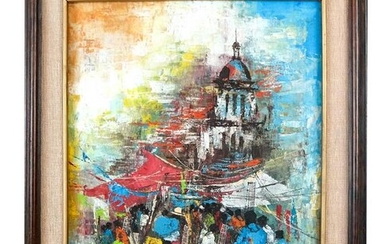 GOMEZ: Expressionist Market Scene - Oil on Canvas