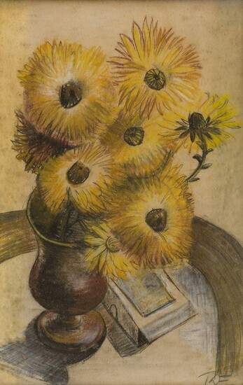 German School, early-mid 20th century- Yellow flowers in a vase; watercolour, signed with initials lower right, 40 x 26.5 cm
