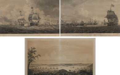Gevarieerd lot van drie grote kaders, met voorstelling van: zicht op de Bosporus (getinte litho) en twee zeeslagen
