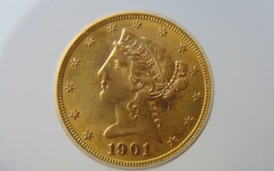 Gold coin, $5 Liberty, 1901/ ICG-MS63