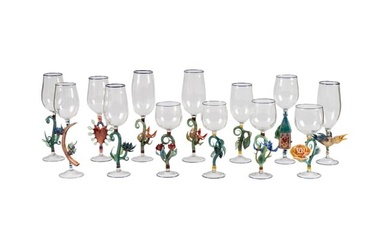 Group of Hand-Blown Clear and Colored Glass Stemware