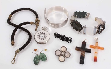 Group of antique and later jewellery including two agate cross pendants, hard stone panel bracelet, pair of green carved hard stone earrings, hairwork watch chain, two brooches, silver bangle and a...