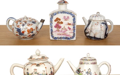Group of four porcelain teapots and a tea caddy Chinese,...