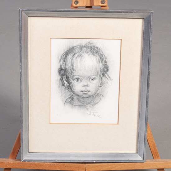 HILDEGARD FALK. Charcoal on paper. Portrait of a child, signed.