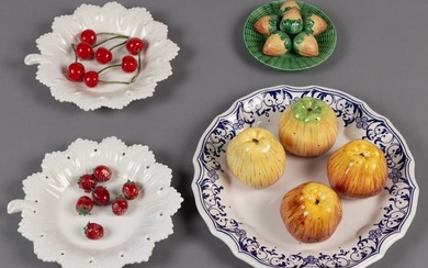 ITALIAN AND PORTUGUESE TROMPE L'OEIL HAND-PAINTED CERAMIC FIGURAL FRUIT PLATES, LOT OF FOUR