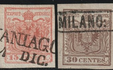 Italian Ancient States - Lombardo Veneto 1851 - 1st issue, ribbed paper, complete set of the 4 values, wide margins, rare, luxury - Sassone n.14/17b