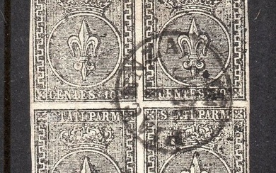 Italian Ancient States - Parma 1852 - very rare quatrain of the blank 10 cent cancelled - Sassone 2