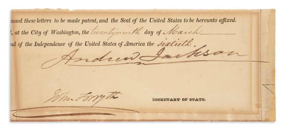 JACKSON, ANDREW. Clipped portion of a partly-printed Document Signed, as President, including only...