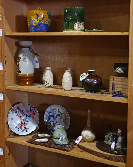Japanese Three Shelves of Ceramics, Nabeshima, Oribe