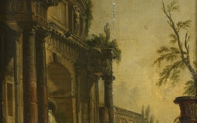 Jean-Baptiste LALLEMAND (1716- 1803). Lavandières à la fontaine. Panneau de chêne, deux planches, non parqueté....