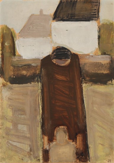 Johannes Hofmeister: Composition with figure. Signed JH. Oil on board. 47×35 cm.