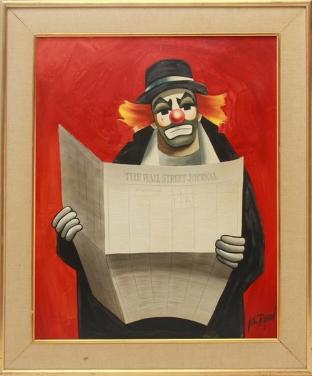 John R. Good "Clown Reading Newspaper" Watercolor