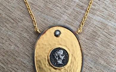 Kurtulan Designe - 24 kt. Gold, Silver - Necklace, Necklace with pendant, Mythological jewelry, Roman empress, Byzantine coin necklace - 0.02 ct Diamond