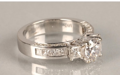Ladies 18ct white gold three stone diamond ring, central sto...