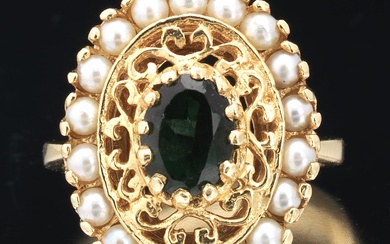 Ladies' Gold, Green Tourmaline and Seed Pearl Ring