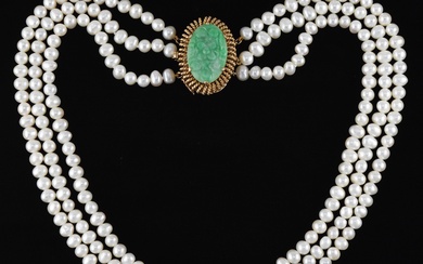 Ladies' Vintage Gold, Jade and Pearls Three-Strand Necklace