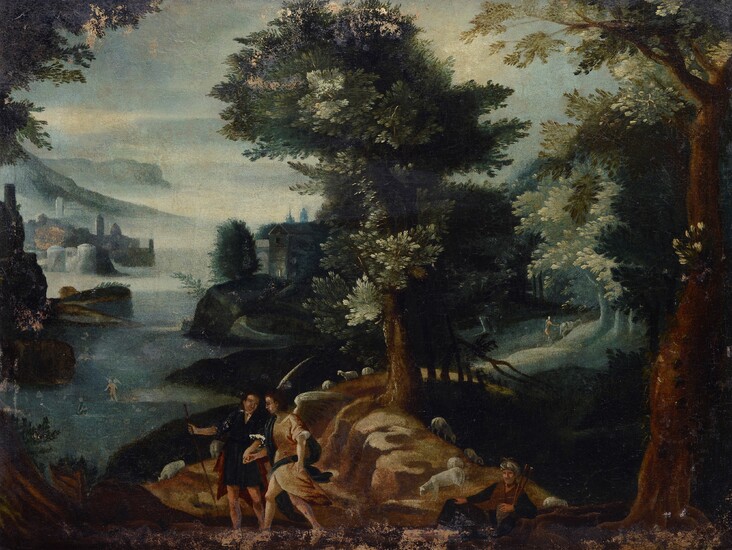 Scuola Fiamminga, XVI-XVII sec., Landscape with Tobias and the Angel