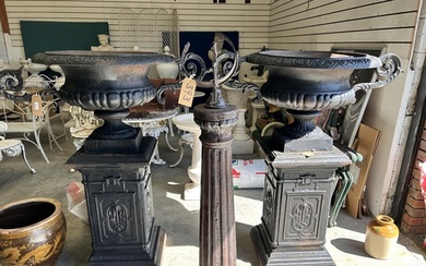 Large Pr Of Garden Cast Iron Urns & Bases 130H x 70W