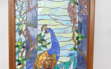 Leaded glass window with peacock scene, not old, window is 36.5" by 23"
