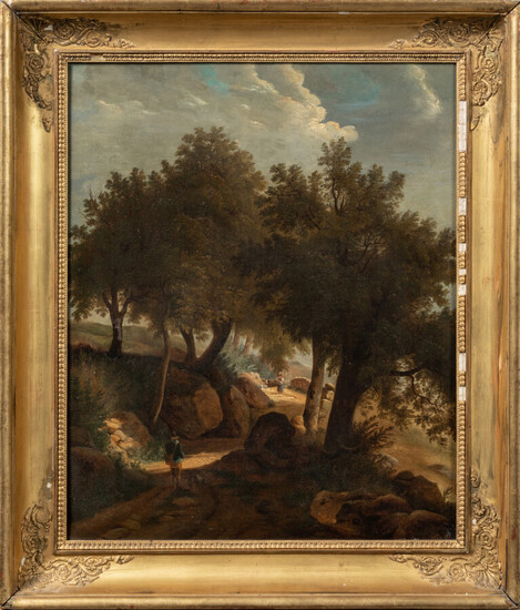 Lot 75 Ecole FRANCAISE, 1853 Paysage de forêt Sur sa toile d'origine 54 x 43 cm Daté en bas...