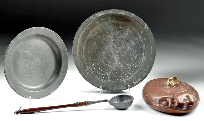 Lot of 4 Antique Pewter, Copper, & Bronze Dishes, Ladle