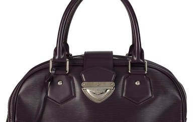 Louis Vuitton, sac Bowling Montaigne en cuir cassis, tirette et clochette avec 2 clefs, cadenas, 20x38 cm