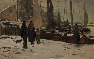 M. LECOMTE, vers 1920 "Canal animé en hiver en Hollande" Huile sur toile signée en...