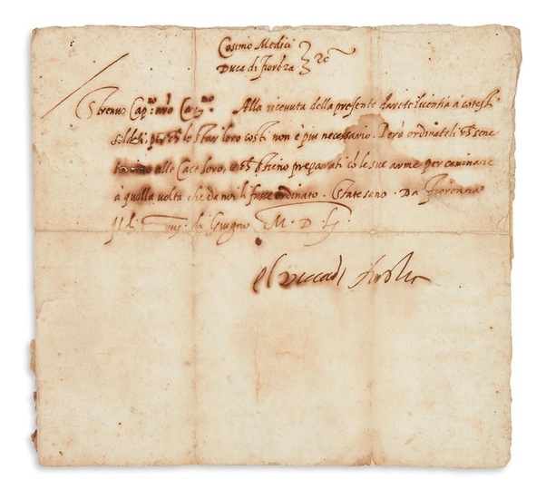 MEDICI, COSIMO I DE. Letter Signed, "Il Duca di Fiorenza," to Captain Alfeo...