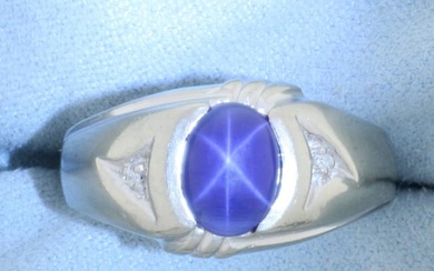 Mens Star Sapphire and Diamond Ring in 10k White Gold