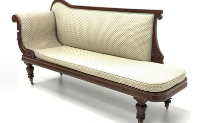 Mid 19th century mahogany upholstered chaise longue, with scrolled...