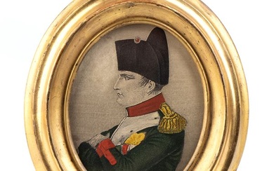 Miniatura ovale con cornice in legno dorato e stampa acquarellata di Napoleone