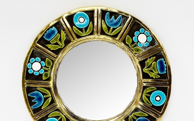 Mithé ESPELT (1923-2020) Miroir rond mural,circa 1967, modèle Fleurs en terre estampée et émaillée bleu,...