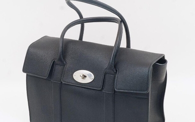 Mulberry: a Bayswater black grain leather satchel handbag, with flap closure and metal escutcheon and twist lock, opening to reveal a single compartment interior with zipped pocket containing care card and two lined pockets, silver stamped logo to...