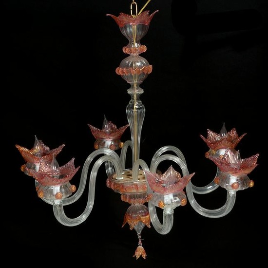 Murano Style Pink and Clear Glass Six Light Chandelier.