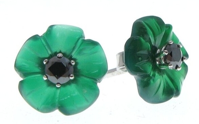 No Reserve Price - 18 kt. White gold - Earrings 0.26 ct Diamond - Green Agate