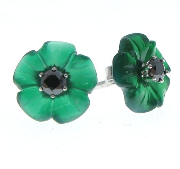 No Reserve Price - 18 kt. White gold - Earrings 0.26 ct Diamond - Green Agate