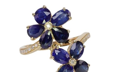 No Reserve Price - IGI Certified 3.84 ct Blue Sapphire & 0.12 ct Diamond - 14 kt. Gold - Ring Sapphires - Diamond