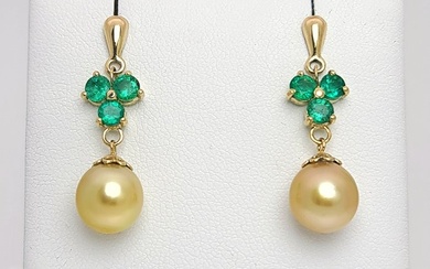 No reserve price| - 14 kt. Gold - Earrings Golden South Sea Pearl - Emeralds