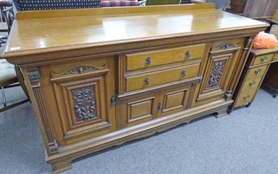 OAK SIDEBOARD CIRCA 1890 WITH RAIL BACK, 2 CENTRALLY...