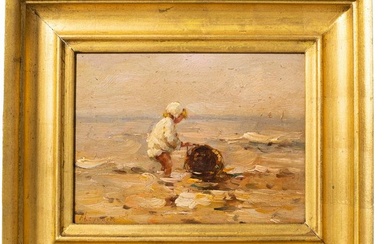 Oil of Child on Beach, Illegible