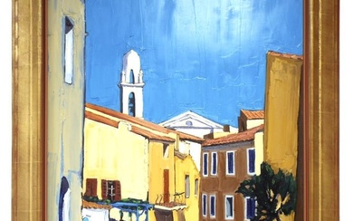 Oil on canvas painting entitled "Ruelle dans Speloncato" by Jean-Claude Quilici depicting a