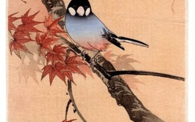 Original woodblock print - Paper - Itō Sōzan 伊藤総山 (b 1884, act 1919-26) - Tit and maple leaves - Japan - 1920s (Taisho)