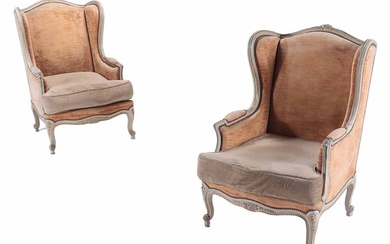 PAIR FRENCH LOUIS XV STYLE PAINTED BERGERE CHAIRS C 1920.
