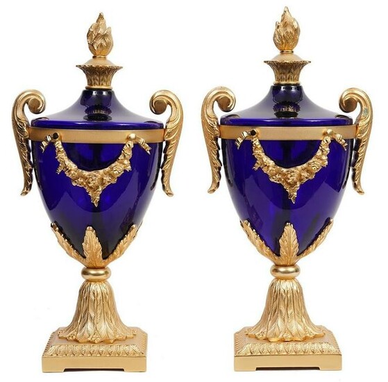 PAIR OF DORE BRONZE AND GLASS VASES