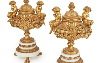 PAIR OF FRENCH GILT BRONZE AND WHITE MARBLE CASSOLETTES
