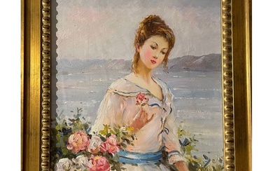 PETROV Vladimir (1945 -). «Femme et fleurs ». Huile sur toile signée en bas à...