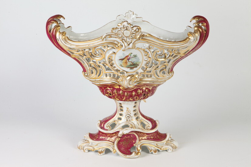 PIERCED PORCELAIN BOAT SHAPE, FLARING CENTERPIECE BOWL ON STAND. mid...