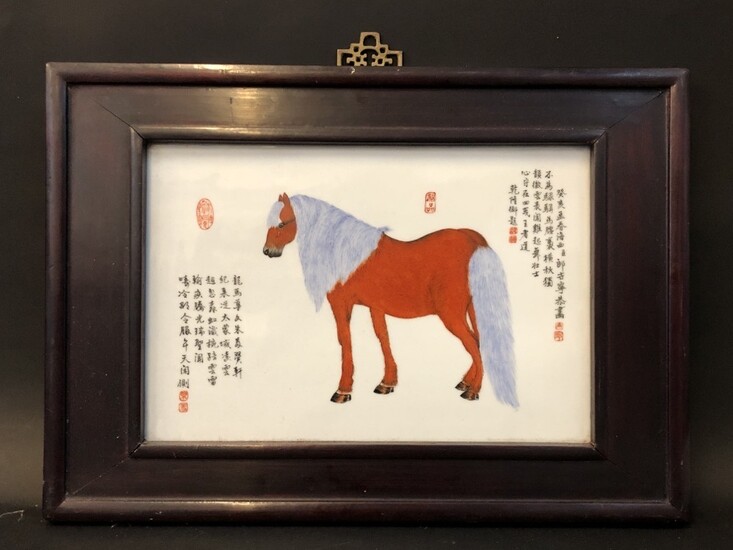粉彩立马图 郞世宁 PORCELAIN PLAQUE OF BLUE MANE HORSE